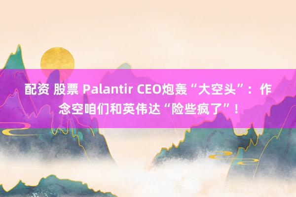 配资 股票 Palantir CEO炮轰“大空头”：作念空咱们和英伟达“险些疯了”！